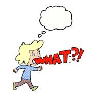 cartoon woman shouting what with thought bubble N6