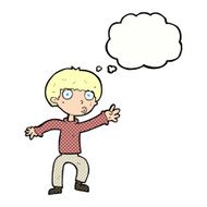 cartoon boy waving warning with thought bubble N10