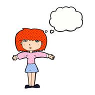 cartoon woman shrugging shoulders with thought bubble N467