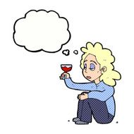 cartoon unhappy woman with glass of wine thought bubble N10