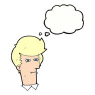 cartoon man narrowing eyes with thought bubble N38