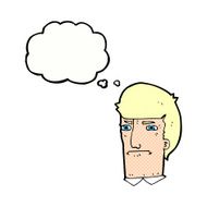 cartoon man narrowing eyes with thought bubble N39