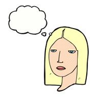 cartoon serious woman with thought bubble N19