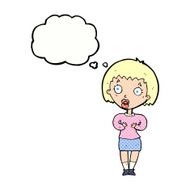 cartoon woman making Who Me? gesture with thought bubble N42
