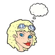 cartoon happy woman wearing aviator goggles with thought bubble N10