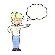cartoon friendly woman pointing with thought bubble N10