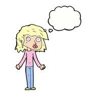 cartoon girl shrugging shoulders with thought bubble N30