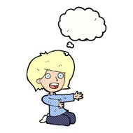 cartoon shocked woman on knees with thought bubble N9