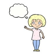 cartoon happy woman pointing with thought bubble N63
