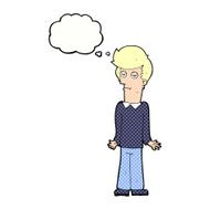 cartoon bored man shrugging shoulders with thought bubble N10