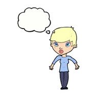 cartoon woman shrugging shoulders with thought bubble N469
