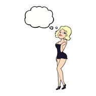 cartoon attractive woman in short dress with thought bubble N9