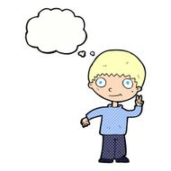 cartoon boy giving peace sign with thought bubble N10