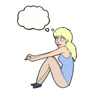 cartoon happy woman sitting with thought bubble N17