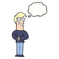 cartoon grinning man with glasses thought bubble N2