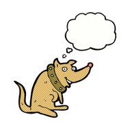 cartoon happy dog in big collar with thought bubble N7