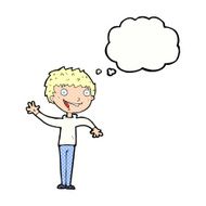 cartoon happy boy waving with thought bubble N19