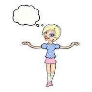 cartoon woman making open arm gesture with thought bubble N10