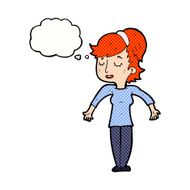 cartoon friendly woman shrugging shoulders with thought bubble N10