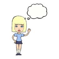 cartoon woman waving with thought bubble N324
