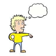 cartoon man making dismissive gesture with thought bubble N19