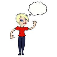 cartoon woman waving with thought bubble N325