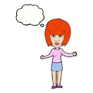 cartoon woman shrugging shoulders with thought bubble N471