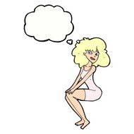 cartoon sitting woman in dress with thought bubble N10