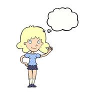 cartoon woman waving with thought bubble N326