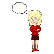 cartoon friendly girl rolling eyes with thought bubble N10