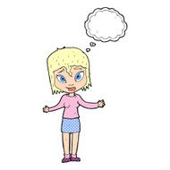 cartoon woman shrugging shoulders with thought bubble N472