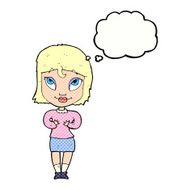 cartoon woman gesturing at self with thought bubble N28