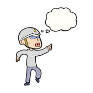 cartoon man in bike helmet pointing with thought bubble N9