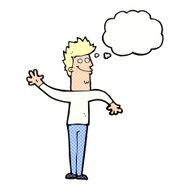 cartoon happy waving man with thought bubble N10