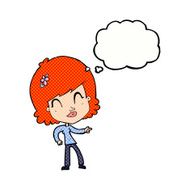 cartoon happy woman pointing with thought bubble N64