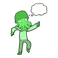 cartoon alien man dancing with thought bubble N9
