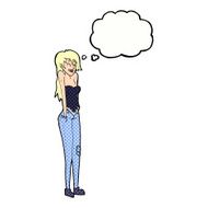 cartoon pretty woman shrugging shoulders with thought bubble N10