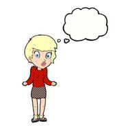 cartoon woman shrugging shoulders with thought bubble N473