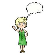 cartoon hippie woman waving with thought bubble N10