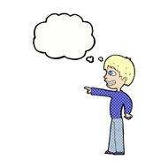 cartoon grinning boy pointing with thought bubble N9