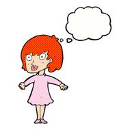 cartoon woman wearing dress with thought bubble N10