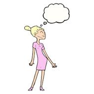 cartoon woman in dress with thought bubble N38