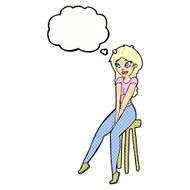 cartoon pretty girl on stool with thought bubble N9