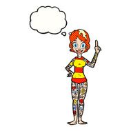 cartoon woman covered in tattoos with thought bubble N9