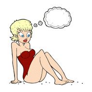cartoon woman in swimsuit with thought bubble N9