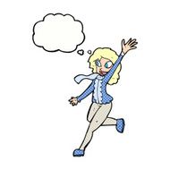 cartoon woman waving dressed for winter with thought bubble N10