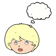 cartoon female face looking upwards with thought bubble N10