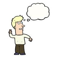 cartoon man making peace sign with thought bubble N9