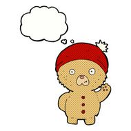 cartoon waving teddy bear in winter hat with thought bubble N2
