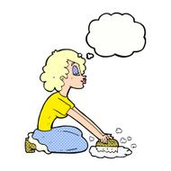 cartoon woman scrubbing floor with thought bubble N8